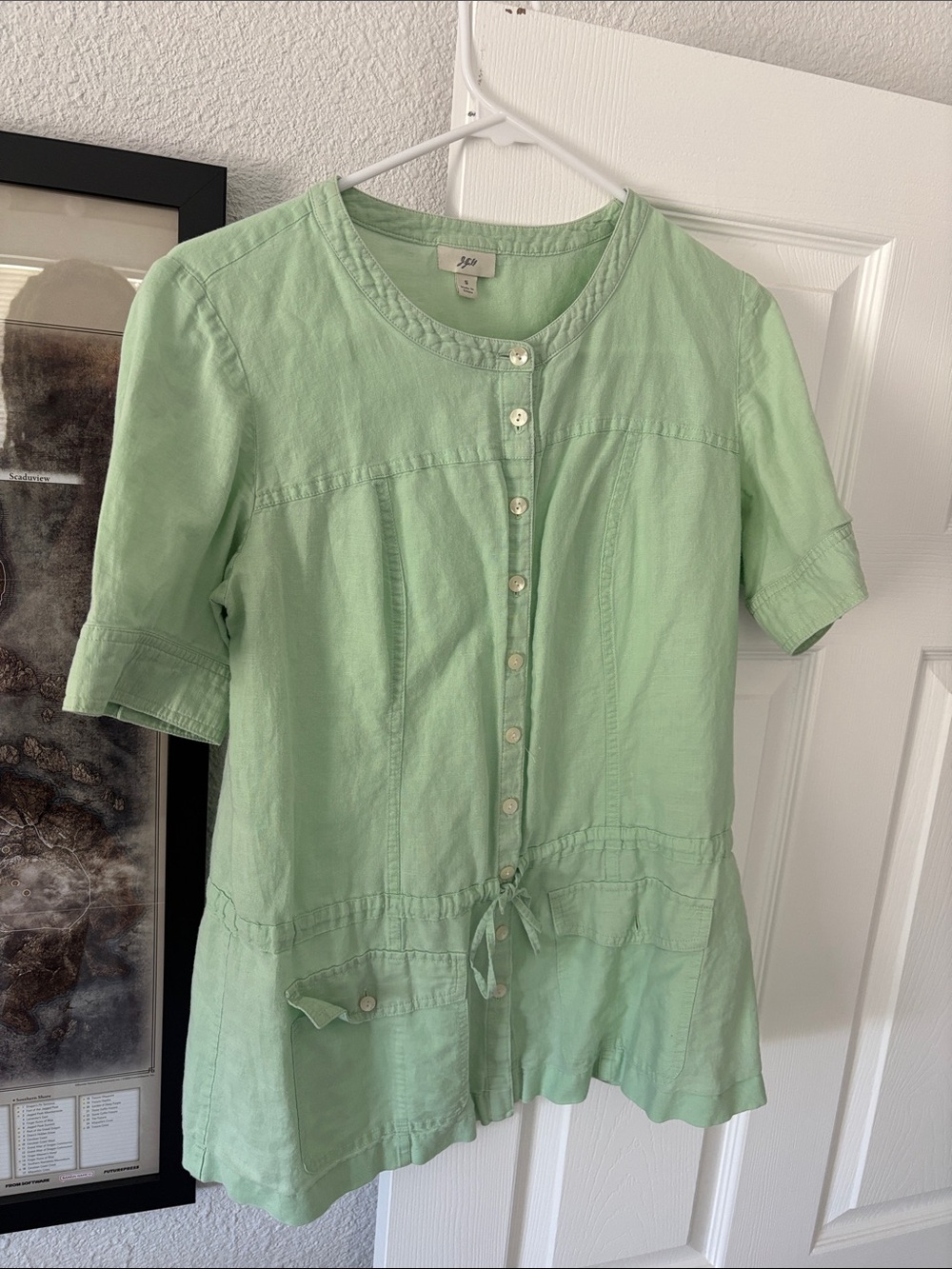J. Jill Mint Green Short-Sleeve Button Front Blouse with Waist Tie